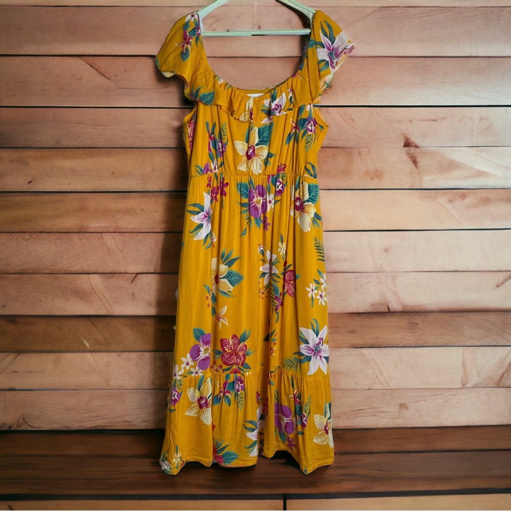 Old Navy Floral Dress Womens Extra Large Yellow Ruffle Scoop Neckline Hawaiian